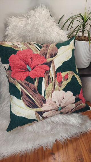 (A) Midcentury Tropical Begonia Design Barkcloth Throw Pillow 18", Vintage 1950s fabric zipper case.