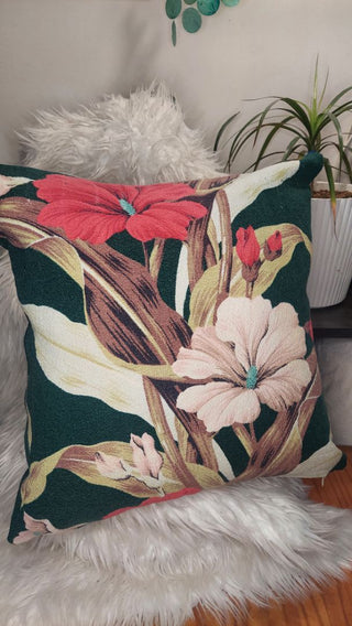 (B) Midcentury Tropical Begonia Design Barkcloth Throw Pillow 18", Vintage 1950s fabric zipper case.