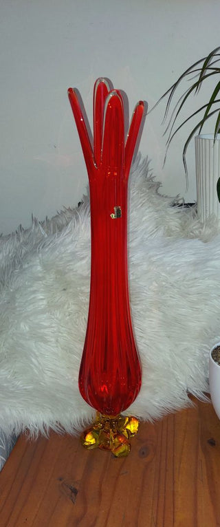 1964 Viking Glass - Persimmon Epic four square and finger foil Tall Footed pulled swung Vase (T&M)