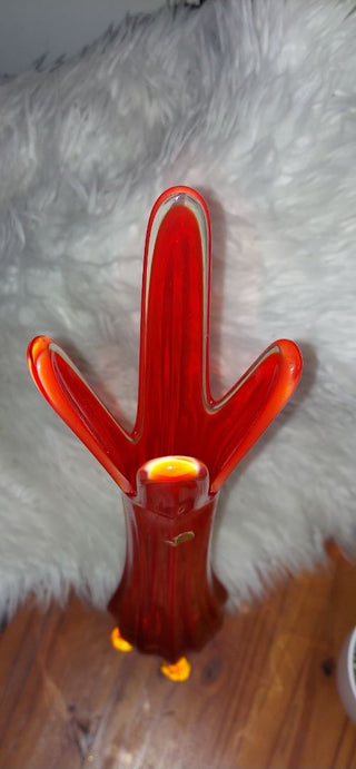 1964 Viking Glass - Persimmon Epic four square and finger foil Tall Footed pulled swung Vase (T&M)