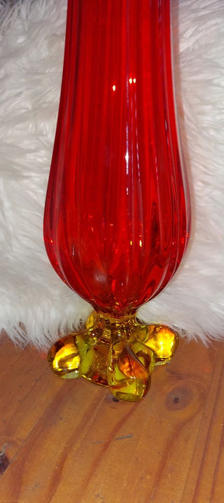 1964 Viking Glass - Persimmon Epic four square and finger foil Tall Footed pulled swung Vase (T&M)