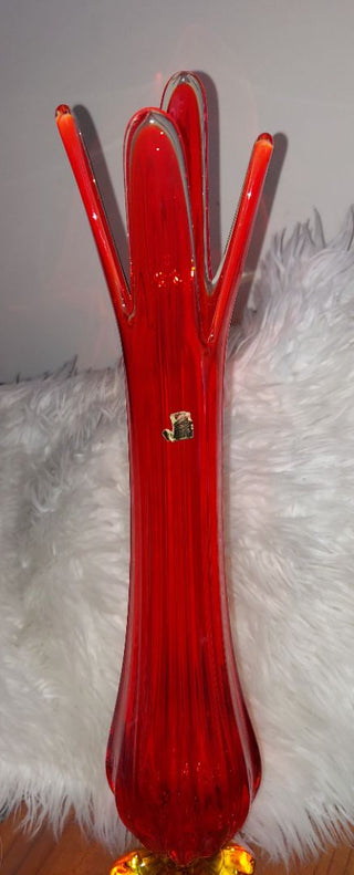 1964 Viking Glass - Persimmon Epic four square and finger foil Tall Footed pulled swung Vase (T&M)