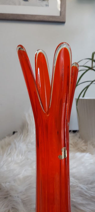 1964 Viking Glass - Persimmon Epic four square and finger foil Tall Footed pulled swung Vase (T&M)