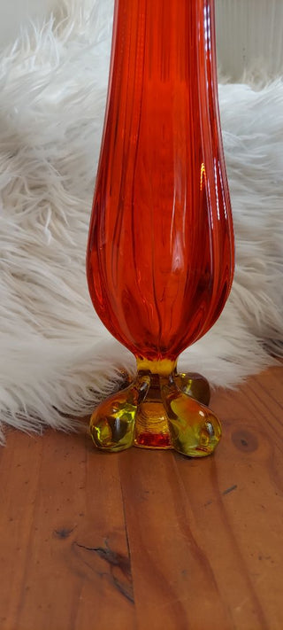 1964 Viking Glass - Persimmon Epic four square and finger foil Tall Footed pulled swung Vase (T&M)