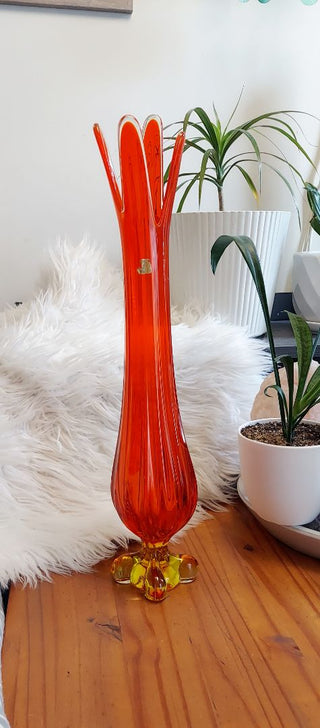 1964 Viking Glass - Persimmon Epic four square and finger foil Tall Footed pulled swung Vase (T&M)