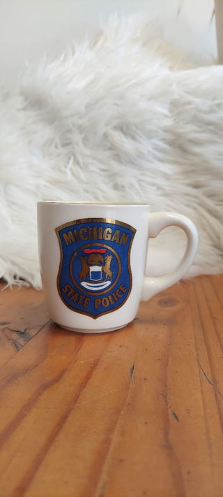 1960-70s Michigan State Police Coffee Mug - USA marked pottery, vintage stoneware handled cup