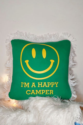 "I'm a Happy Camper" hippie smiley face 15"  throw pillow with fringe, custom - one of a kind (as - is)