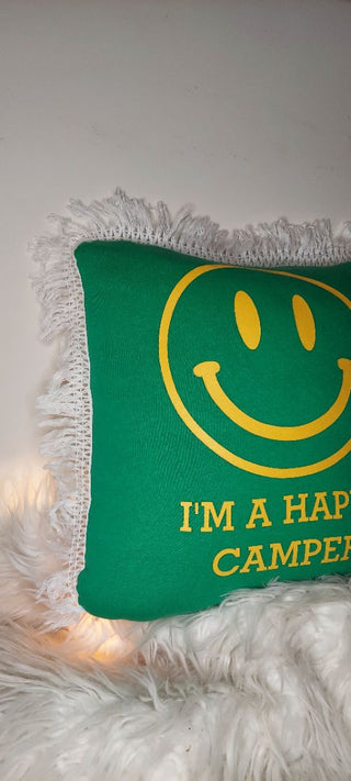 "I'm a Happy Camper" hippie smiley face 15"  throw pillow with fringe, custom - one of a kind (as - is)