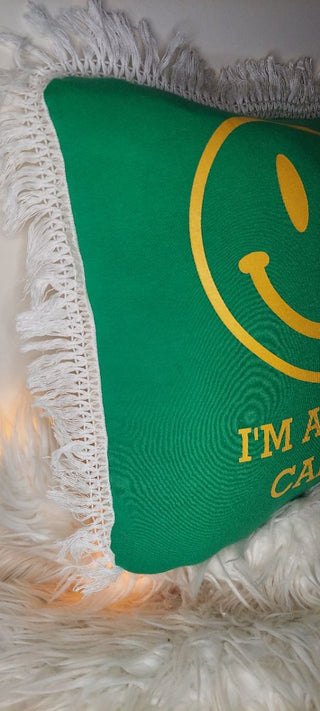 "I'm a Happy Camper" hippie smiley face 15"  throw pillow with fringe, custom - one of a kind (as - is)