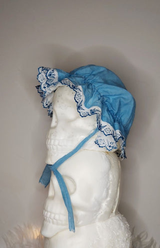 Antique hand stitched and embroidered blue childs shaker bonnet - FRAGILE (AS IS) (T&M)