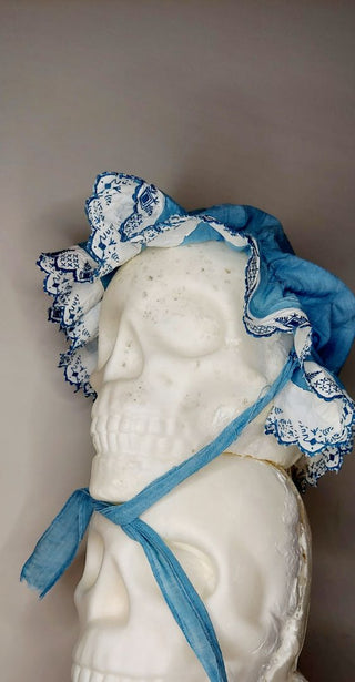 Antique hand stitched and embroidered blue childs shaker bonnet - FRAGILE (AS IS) (T&M)