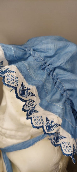 Antique hand stitched and embroidered blue childs shaker bonnet - FRAGILE (AS IS) (T&M)
