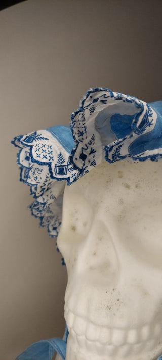 Antique hand stitched and embroidered blue childs shaker bonnet - FRAGILE (AS IS) (T&M)
