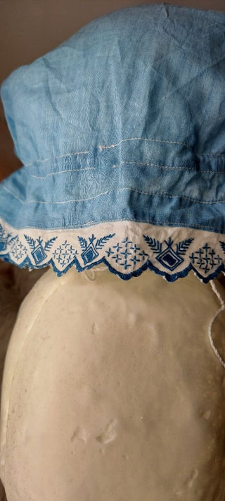 Antique hand stitched and embroidered blue childs shaker bonnet - FRAGILE (AS IS) (T&M)