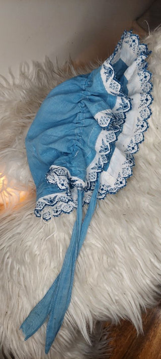 Antique hand stitched and embroidered blue childs shaker bonnet - FRAGILE (AS IS) (T&M)