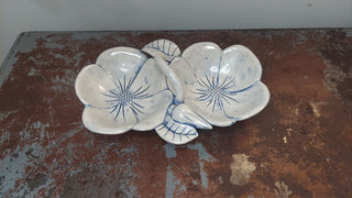 1960s Iridescent, Blue & White Ceramic Hibiscus Flowers by Holland Mold - tidbit serving dish (T&M)