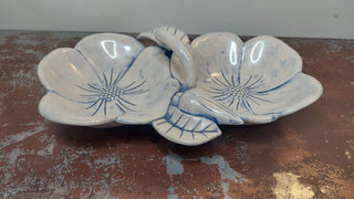 1960s Iridescent, Blue & White Ceramic Hibiscus Flowers by Holland Mold - tidbit serving dish (T&M)