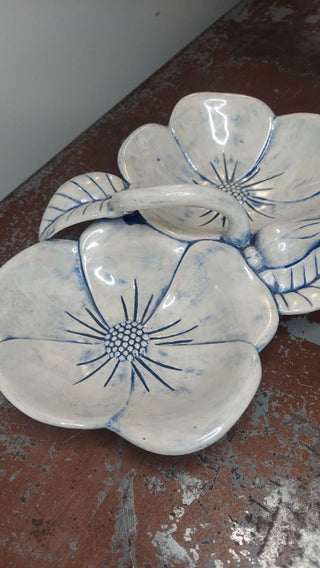 1960s Iridescent, Blue & White Ceramic Hibiscus Flowers by Holland Mold - tidbit serving dish (T&M)