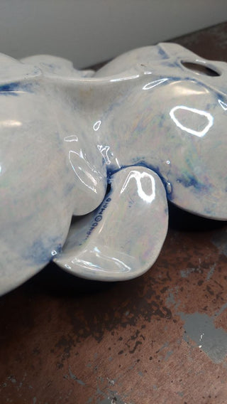 1960s Iridescent, Blue & White Ceramic Hibiscus Flowers by Holland Mold - tidbit serving dish (T&M)