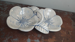 1960s Iridescent, Blue & White Ceramic Hibiscus Flowers by Holland Mold - tidbit serving dish (T&M)