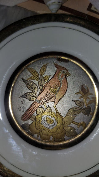 Japanese "Art Of Choking" porcelain plate featuring Cardinal & floral design, 24K gold edging by Westland  Co.