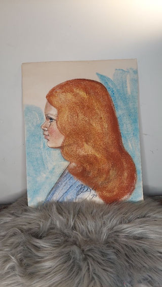 Original Art - 1973 Profile Portrait of Red Haired Girl - Oil Pastel
