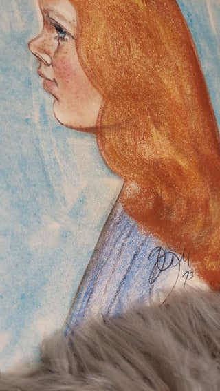 Original Art - 1973 Profile Portrait of Red Haired Girl - Oil Pastel
