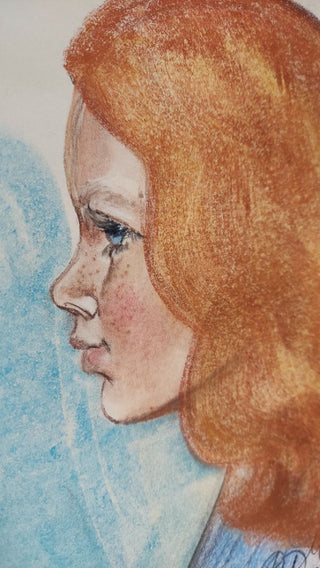 Original Art - 1973 Profile Portrait of Red Haired Girl - Oil Pastel