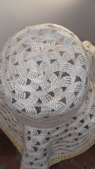 1960s yellow and white woven plastic with lace floppy brim hat made in Taiwan Republic of China.