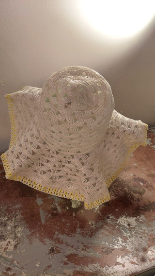 1960s yellow and white woven plastic with lace floppy brim hat made in Taiwan Republic of China.
