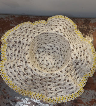 1960s yellow and white woven plastic with lace floppy brim hat made in Taiwan Republic of China.