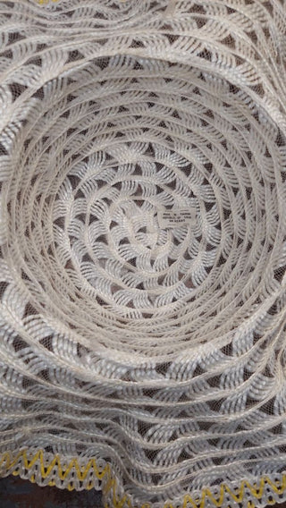 1960s yellow and white woven plastic with lace floppy brim hat made in Taiwan Republic of China.