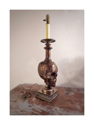 Artist Original Bronze tone rustic Human Skull Candle Stick Table Lamp