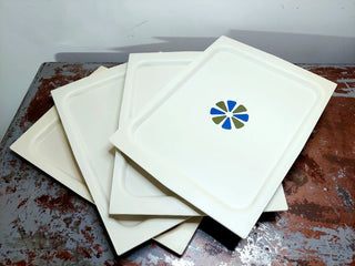 1960s MCM 4pc set - “Lap and utility tray” by David Douglas, Acca Ware, made in USA, blue and green center atomic design