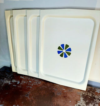 1960s MCM 4pc set - “Lap and utility tray” by David Douglas, Acca Ware, made in USA, blue and green center atomic design