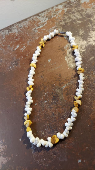 1970s Natural Cowrie Shell and Half Moon Wood Necklace