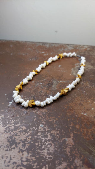 1970s Natural Cowrie Shell and Half Moon Wood Necklace