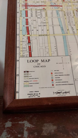 1978 "LOOP MAP Of CHICAGO" published by Geographia Map Co., Inc. copyrighted in MCMLXXVII - Framed (additional photos online) As-Is