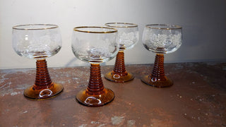 (4pc set) Mid-Century Luminarc FRANCE - Frosted Grapevine Crystal w/ Amber Stem Roemer Wine Glass By J.G. Durand & Cie. Cristal d’Arques France 22k gold rim