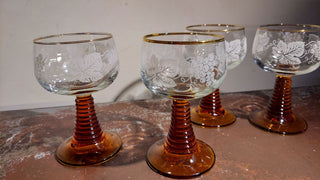 (4pc set) Mid-Century Luminarc FRANCE - Frosted Grapevine Crystal w/ Amber Stem Roemer Wine Glass By J.G. Durand & Cie. Cristal d’Arques France 22k gold rim