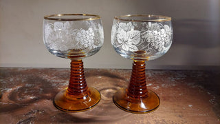 (4pc set) Mid-Century Luminarc FRANCE - Frosted Grapevine Crystal w/ Amber Stem Roemer Wine Glass By J.G. Durand & Cie. Cristal d’Arques France 22k gold rim
