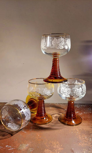 (4pc set) Mid-Century Luminarc FRANCE - Frosted Grapevine Crystal w/ Amber Stem Roemer Wine Glass By J.G. Durand & Cie. Cristal d’Arques France 22k gold rim