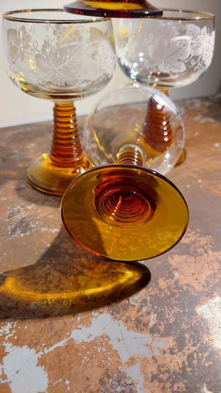 (4pc set) Mid-Century Luminarc FRANCE - Frosted Grapevine Crystal w/ Amber Stem Roemer Wine Glass By J.G. Durand & Cie. Cristal d’Arques France 22k gold rim