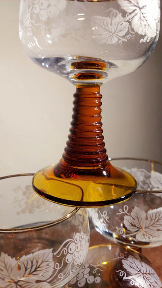 (4pc set) Mid-Century Luminarc FRANCE - Frosted Grapevine Crystal w/ Amber Stem Roemer Wine Glass By J.G. Durand & Cie. Cristal d’Arques France 22k gold rim
