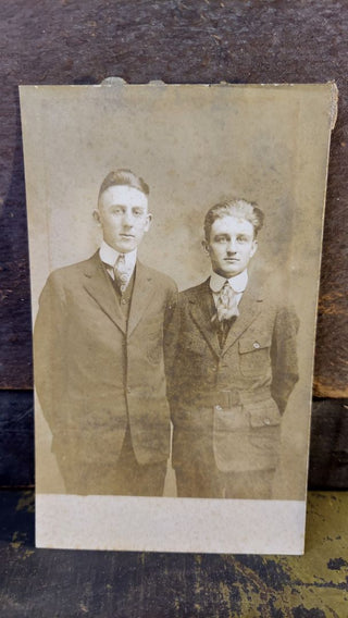 antique "Real Photo Postcard" (RPPC) two young men dressed in suits (circa 1900-10)
