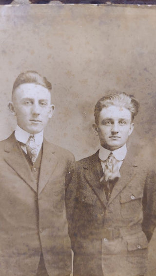 antique "Real Photo Postcard" (RPPC) two young men dressed in suits (circa 1900-10)