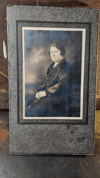 Antique Gelatin Silver Print cabinet card photograph studio portrait "woman - widow in a formal dress" (1900-20)
