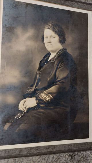 Antique Gelatin Silver Print cabinet card photograph studio portrait "woman - widow in a formal dress" (1900-20)