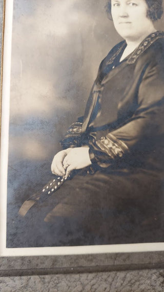 Antique Gelatin Silver Print cabinet card photograph studio portrait "woman - widow in a formal dress" (1900-20)