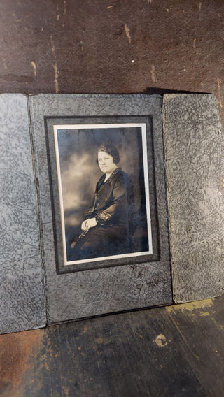 Antique Gelatin Silver Print cabinet card photograph studio portrait "woman - widow in a formal dress" (1900-20)